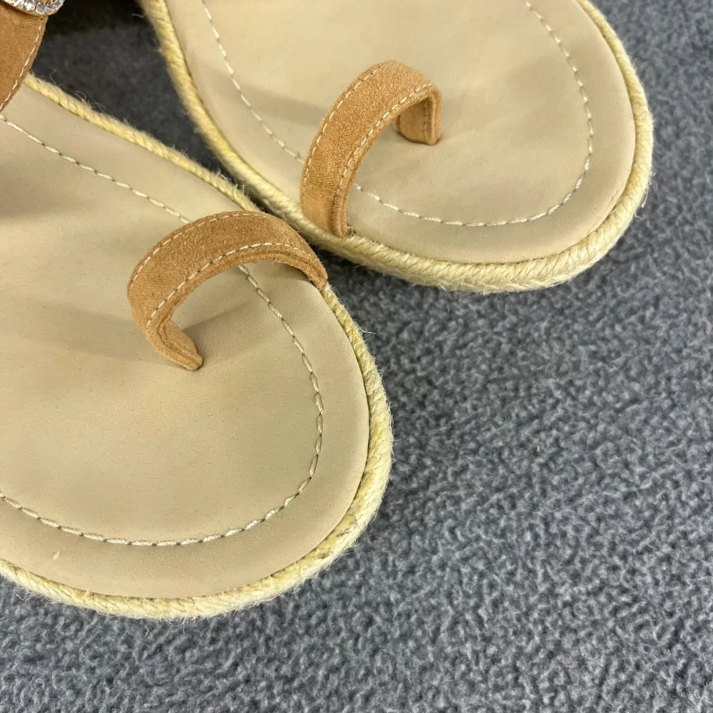 Skemo Wedge Sandals Womens 10‎ Tan Coral Embellished Espadrille Boho Rhinestone